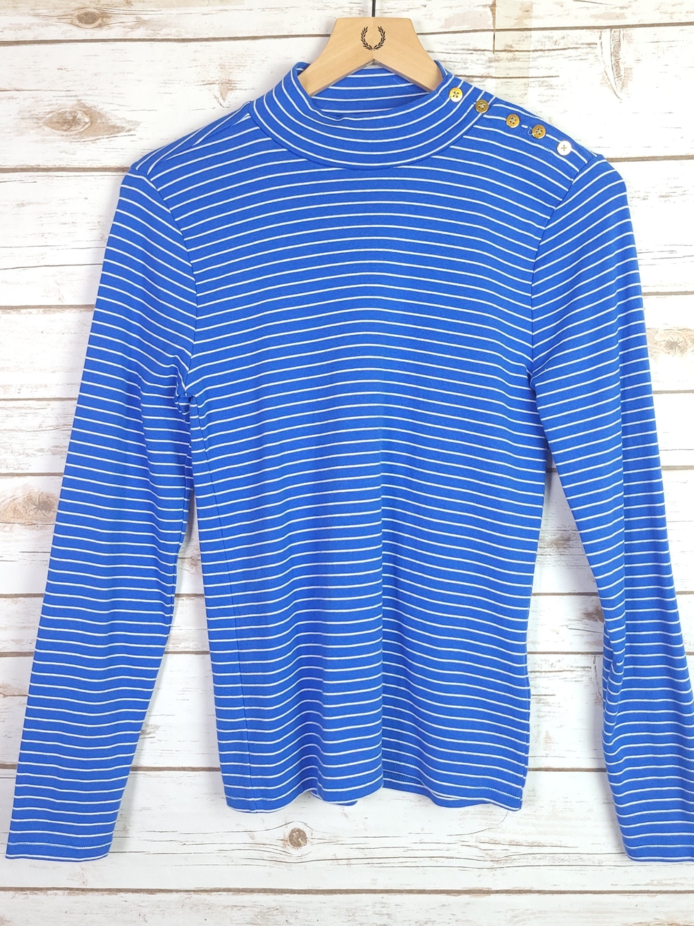 J. Crew Striped Blue Mock Neck Long-Sleeve Top with Shoulder Buttons